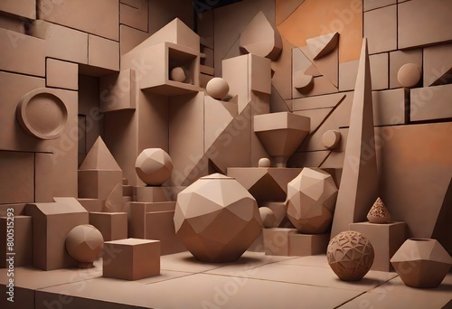 Three dimensional geometric shapes and forms, in a monochromatic brown tone, including spheres, cubes, pyramids, and complex polyhedra scattered throughout the scene, Generative AI.