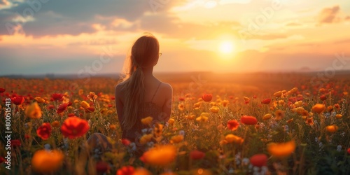 Serene Young Woman Enjoying Sunset in Flower Field