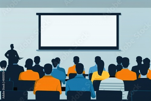 A group of people, mainly new employees, sitting together in front of a large projection screen, attentively listening to a company professional during a presentation