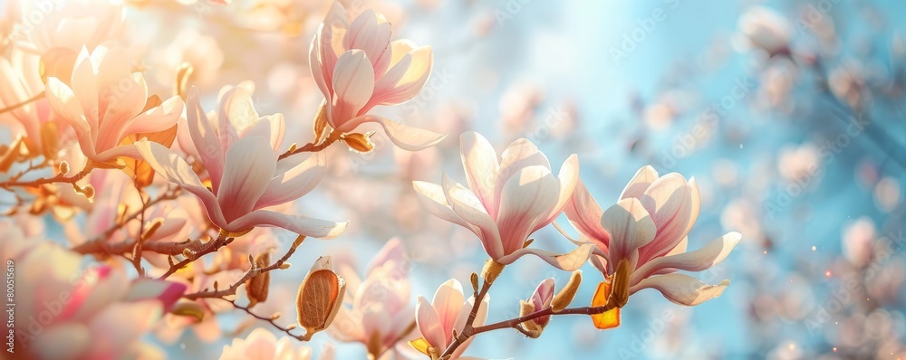 Magnolia tree blossom flowers in Spring against blue sky Magnolia tree blossom flowers in Spring against blue sky