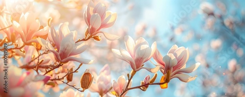 Magnolia tree blossom flowers in Spring against blue sky © Viacheslav