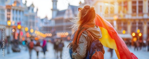 Woman tourist holds in her hand a flag of Belgium against the background of the Grand-Place Square in Brussels, Belgium photo