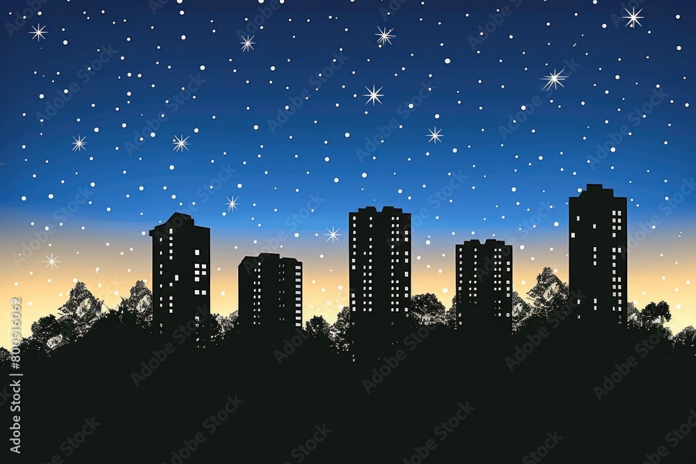 Fototapeta premium A city skyline at night with stars twinkling in the dark sky. Lights glimmer in the windows of tall buildings, creating a striking contrast