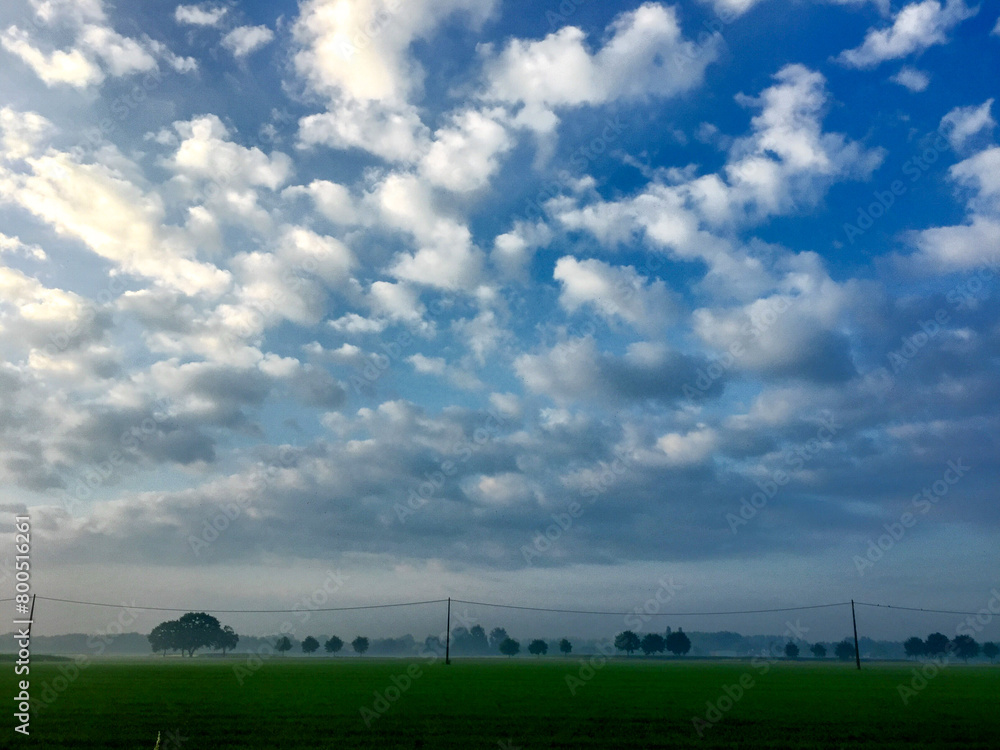 An early morning scene where a blue sky with scattered fluffy clouds stretches over a mist-covered landscape. Silhouettes of trees emerge in the distance, with a hint of greenery at the field's edge An early morning scene where a blue sky with scattered fluffy clouds stretches over a mist-covered landscape. Silhouettes of trees emerge in the distance, with a hint of greenery at the field's edge
