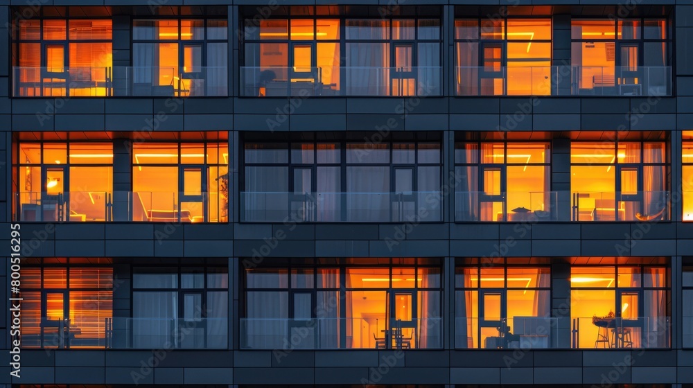 A multi-story building with numerous windows lit up at night, creating a striking visual display