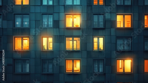A large multistory building with numerous windows lit up at night, creating a striking urban scene photo