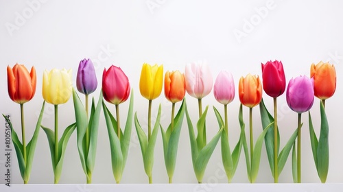 A row of flowers with different colors, including pink, orange, and purple