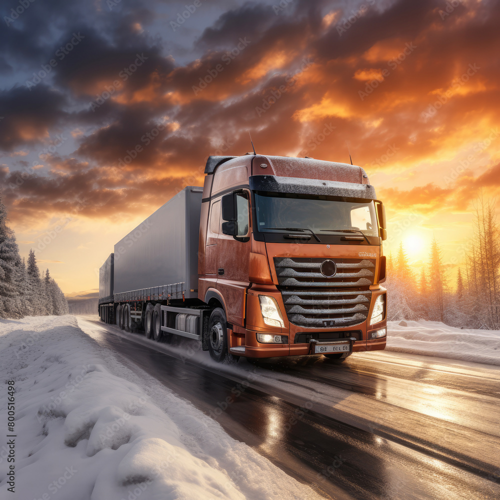 generated illustration trucks driving on slippery road with snow in winter