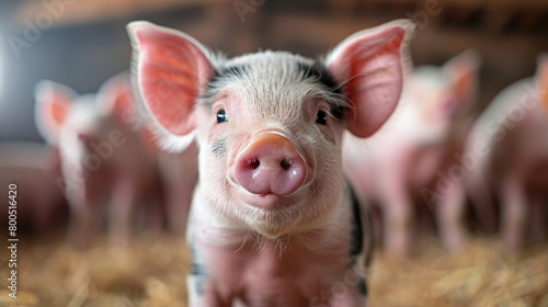 Small Pig Standing in Hay Amongst Other Pigs