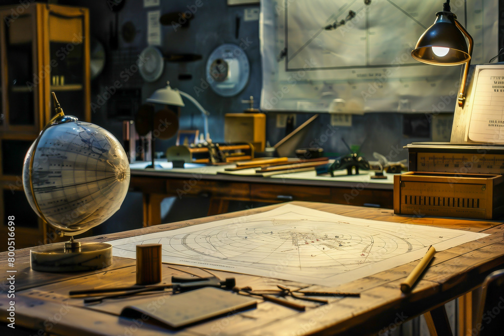 A desk with a globe and a map on it A desk with a globe and a map on it