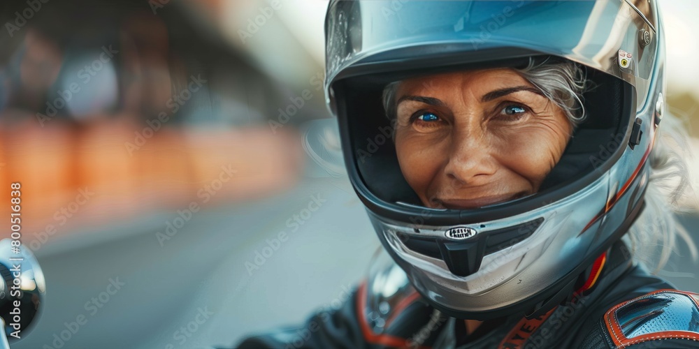 mage of aged gray haired female racer with wrinkles wearing helmet and protective glasses while smiling and looking at camera against blurred background mage of aged gray haired female racer with wrinkles wearing helmet and protective glasses while smiling and looking at camera against blurred background