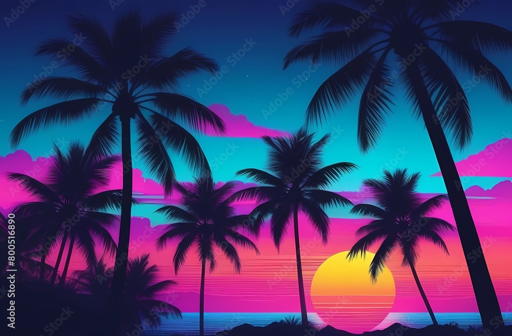 Illustration of a tropical background with sunset or dawn in neon light in retro style. Palm trees and the sun Illustration of a tropical background with sunset or dawn in neon light in retro style. Palm trees and the sun