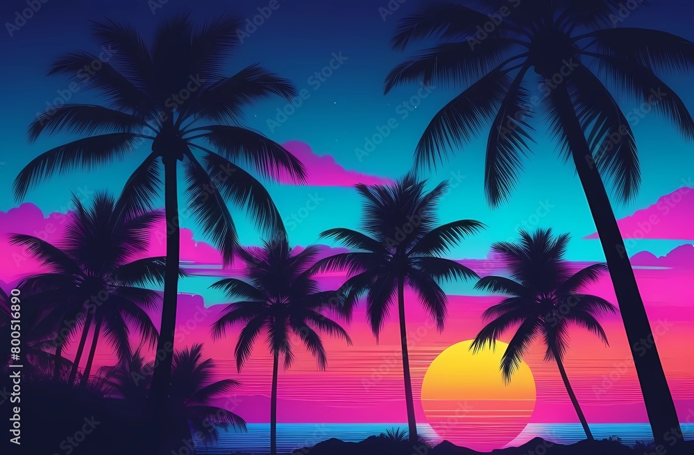 Illustration of a tropical background with sunset or dawn in neon light in retro style. Palm trees and the sun