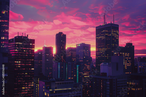 A city skyline at sunset with a pink and purple sky