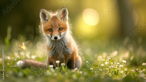  A tight shot of a tiny fox in a sea of green grass, holding a butterfly in its mouth, and a hazy backdrop