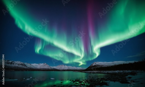 Aurora borealis, northern lights over mountains in winter, Iceland