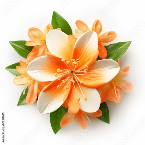 A bouquet of orange and white flowers with green leaves