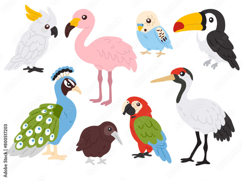 Fototapeta premium Vector illustration set of cute tropical birds for digital stamp,greeting card,sticker,icon,design