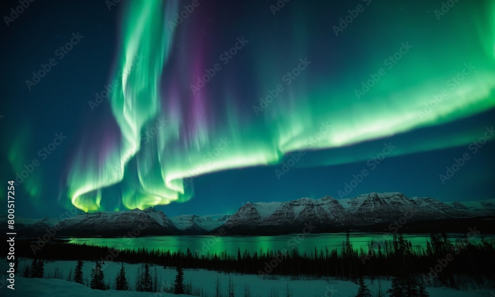Aurora borealis, northern lights over mountains in winter, Iceland