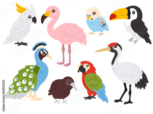 Vector illustration set of cute tropical birds for digital stamp greeting card sticker icon design