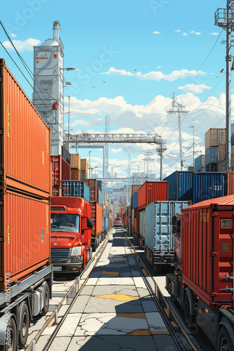 generated illustration of Stacked cargo containers in port
