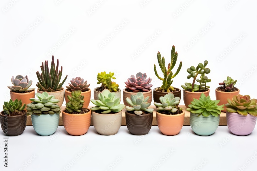 A row of potted plants with a variety of colors and sizes A row of potted plants with a variety of colors and sizes