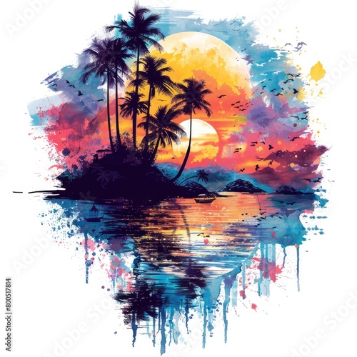 A vector tropical island paradise, painted in a lush, vibrant watercolor style, with bold, bright colors creating a sense of exoticism and adventure