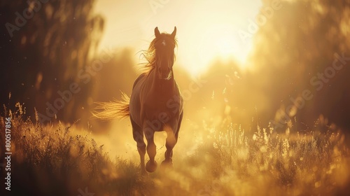 A horse gallops in a field, sun glinting through tree tops beyond its head