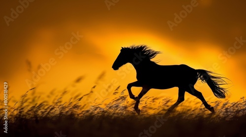   A silhouetted horse gallops through a field of tall grass as the sun sets in the distance