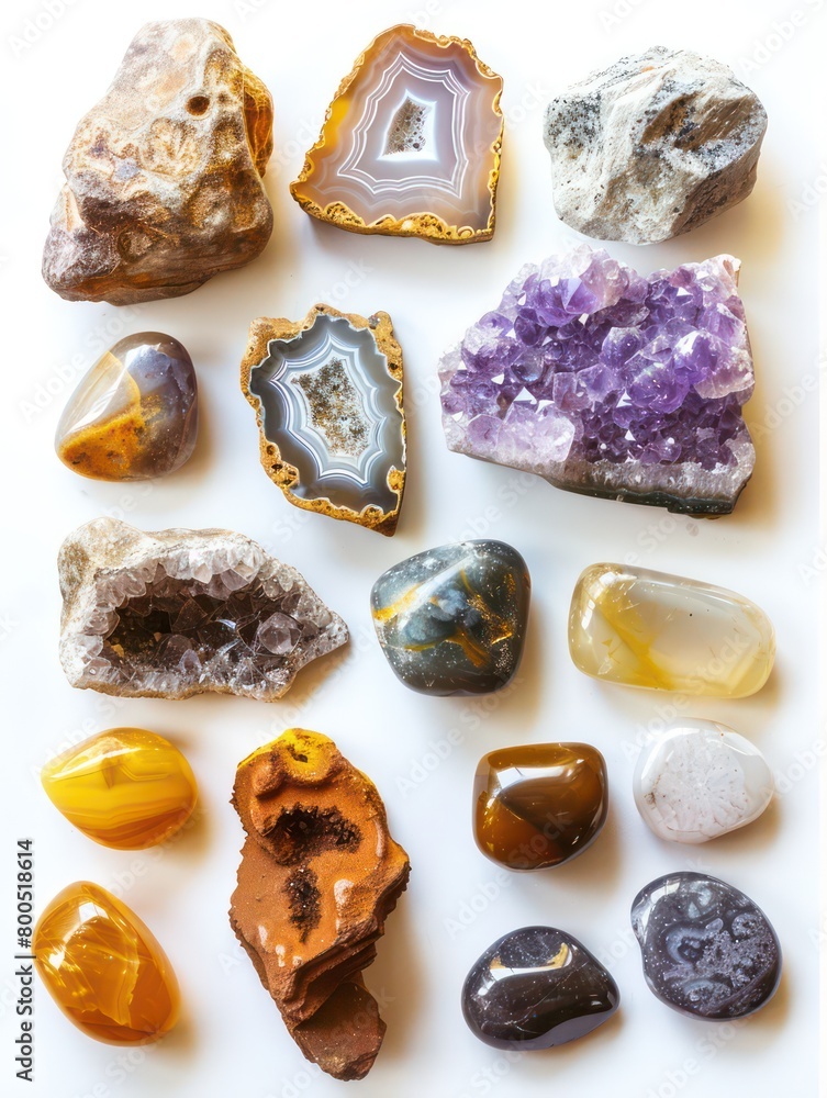 gemstones scattered on a white background, realistic and detailed gemstones scattered on a white background, realistic and detailed