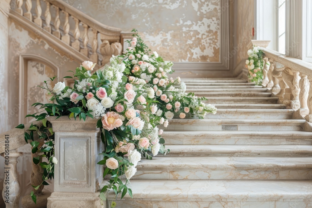 A staircase adorned with a beautiful bunch of flowers. Perfect for adding a touch of elegance to any space