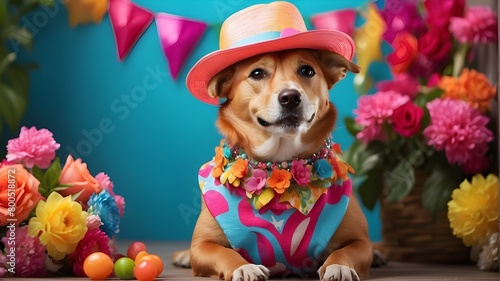 Funny party dog with a vibrant summertime hat and chic outfit © Ashan
