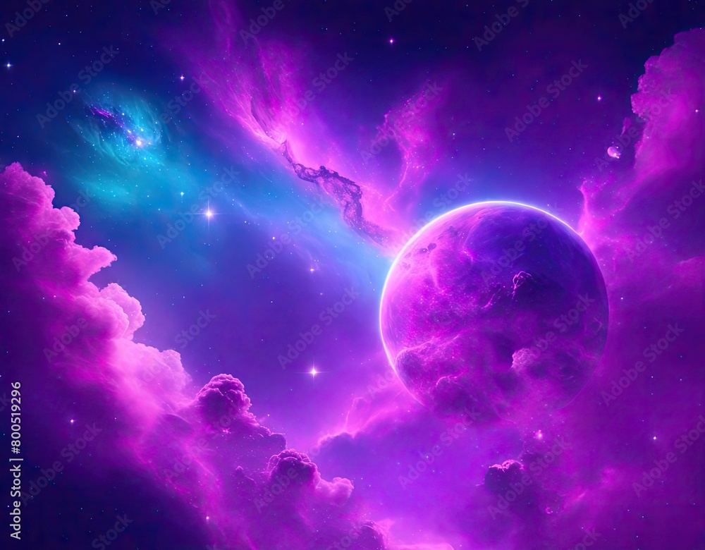 Obraz premium Stunning purple and blue galaxy with a large purple planet positioned in the center the galaxy background is a beautiful mix of deep purples and bright blues