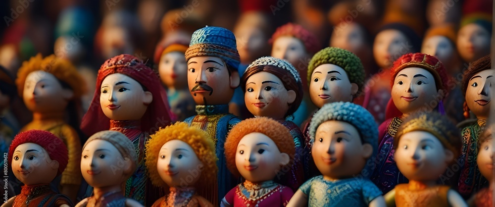Rows of multiethnic and transnational handmade figures, souvenirs of traditional handmade dolls in elegant outfits, conceptual art showing the diversity of people around the world. Generative AI