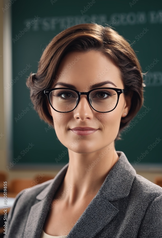 Portrait of beautiful teacher in eyeglasses looking at camera in classroom Portrait of beautiful teacher in eyeglasses looking at camera in classroom
