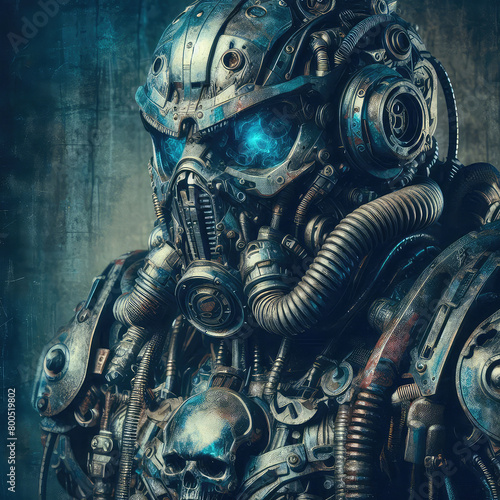 Armored robotic grunge monster soldier with advanced gear wearing alien uniform featuring a skull on the chest plate and glowing blue eyes