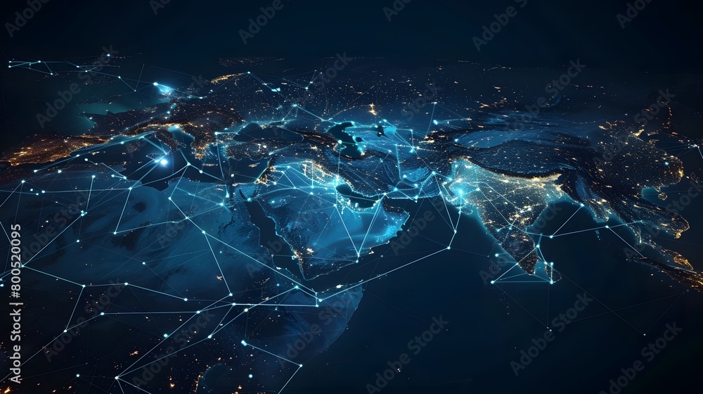 Abstract digital map of the Middle East, concept of  global network and connectivity, data transfer and cyber technology, information exchange and telecommunication	
