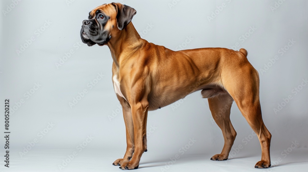 Suave Boxer Dog Standing on Plain Background, Left Side Reserved for Text Suave Boxer Dog Standing on Plain Background, Left Side Reserved for Text
