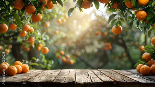 orange on wooden table and blurred orange orchard background. photo