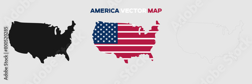 America Map Vector Pack. Map with Flag. Gray Map Silhouette. Gray Outline Map. Editable EPS file. 