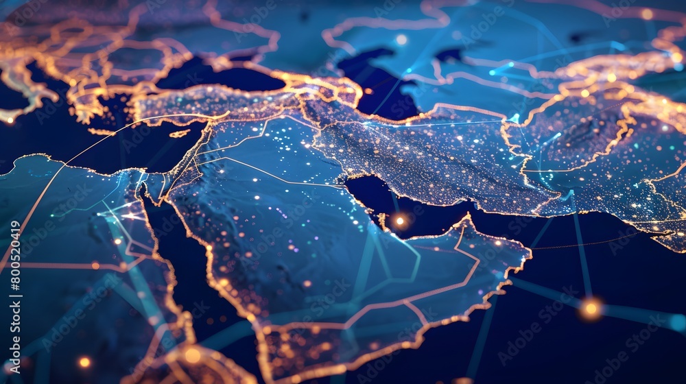 Abstract digital map of the Middle East, concept of global network and connectivity, data transfer and cyber technology, information exchange and telecommunication
Abstract digital map of the Middle East, concept of global network and connectivity, data transfer and cyber technology, information exchange and telecommunication