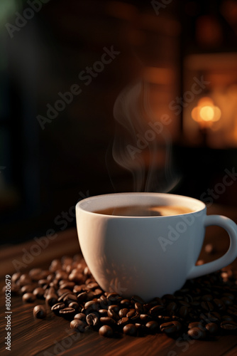 a white porcelain cup filled with steaming hot coffee, coffee beans scattered in the foreground on a dark wooden table. Soft morning light illuminates the scene, Generative AI