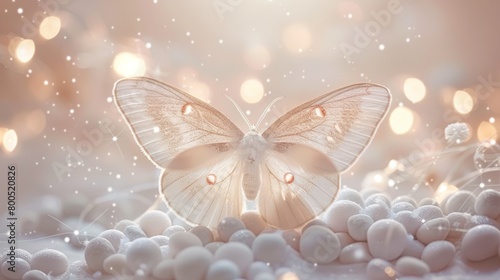   A large white butterfly perches atop a mound of white balls nestled upon a bed of similar ones photo
