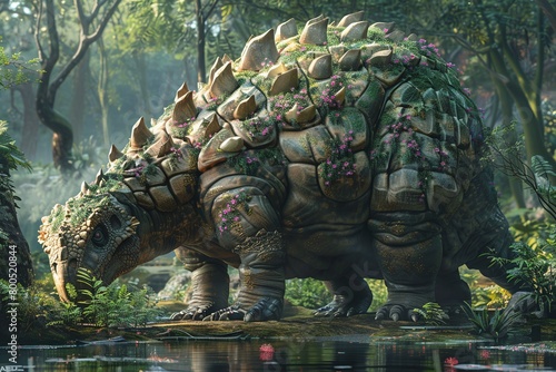 Behold the Ankylosaurus clad in formidable armor  exuding protection and power in a primeval landscape. The sturdy build of the armored Ankylosaurus stands out amidst rocky terrain and ancient foliage