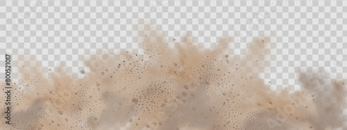 Vector background of a sand explosion with dirt and cloud smoke. Brown sandstorm splash and  dirty ground with a textured wind effect.Yellow flying particles and stone.