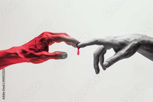 Symbolically giving blood from one person to another. Also concept image for World blood donor day - June 14. close-up of two pairs of hands, one extending to give blood and the other receiving it. photo
