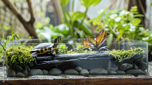 inquisitive red-eared snapping turtle surveys its lush, sun-drenched habitat from atop a knotty log in the middle of a serene pond teeming with life photo