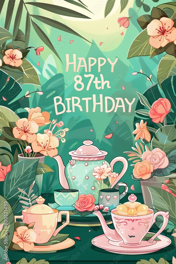 A charming birthday card illustration with tropical plants and vintage teapots, perfect for greeting cards or party invitations, especially for senior celebrations. A charming birthday card illustration with tropical plants and vintage teapots, perfect for greeting cards or party invitations, especially for senior celebrations.