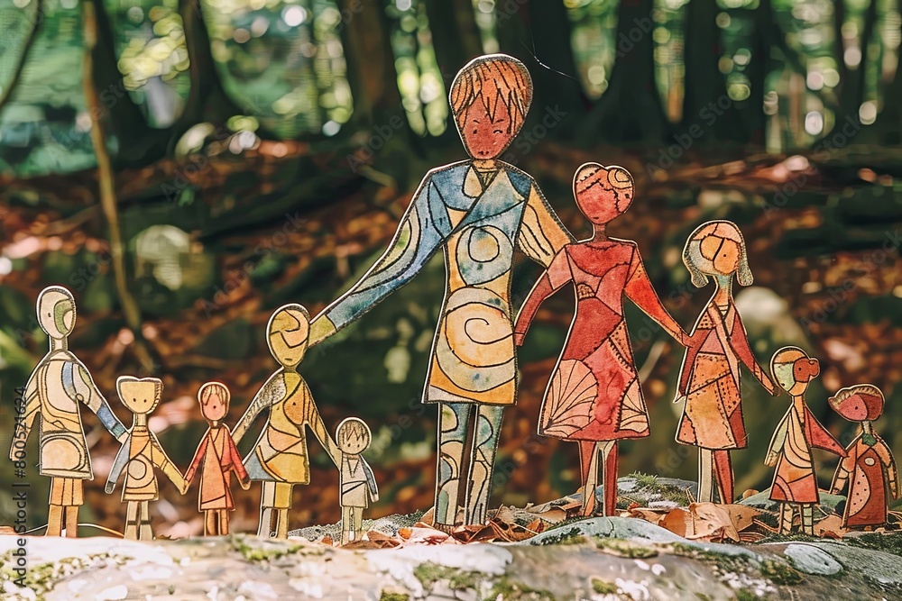 Fototapeta premium This abstract representation of a family in a forest is perfect for concepts on family bonds, nature, and environmental awareness.