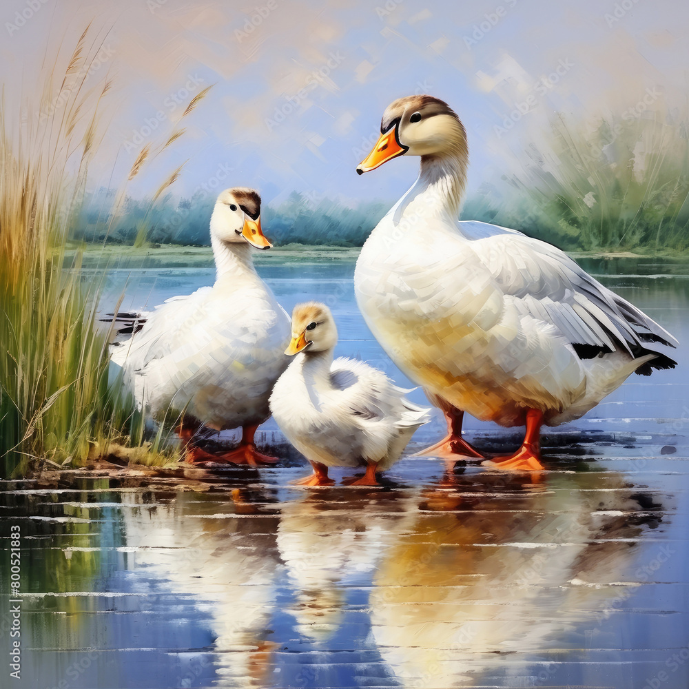 White goose cute animals oil painting. Funny birds on nature background. White goose cute animals oil painting. Funny birds on nature background.